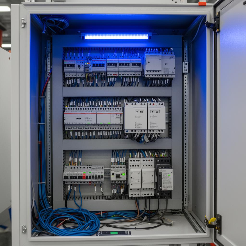 Painel elétrico industrial com CLPs, contatores e drives — equipamentos atendidos pela DDPARTS